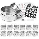 12 Magnetic Spice Containers & 4 Type Of Spice Labels & Ebook by Uplifebrothers - For Fridge, Grill & More - Stainless Steel Round Jars for Condiments and Craft Stuff. Clear Lid, Sift and Pour.