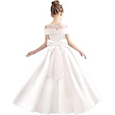 Fulbymu Satin Flower Girl Dresses for Wedding Beaded Solid Pageant Dress for Girls Long Ball Gown Dress with Bow White 8