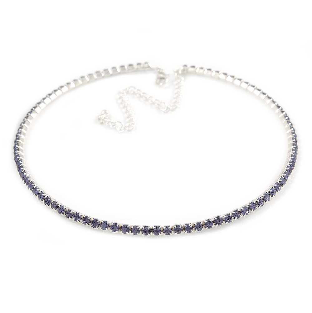 Avalaya Thin Light Amethyst/Purple Crystal Choker Necklace/Silver Tone/36cm L/ 10cm Ext
