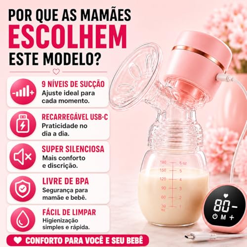 Bomba de Tirar Leite Materno Elétrica Mãos Livres Ultra Silenciosa Tela LED Portátil Protetor de Mama de Silicone 22mm 2 Modos, 9 Níveis De Sucção Livre de BPA Bombinha de Leite Mamadeira Amamentação Extratora de Leite Portátil