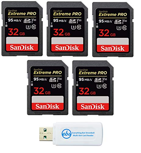 SanDisk 32GB (Five Pack) SD HC Extreme Pro Memory Card works with Digital DSLR Camera SDHC 4K V30 UHS-I (SDSDXXG-032G-GN4IN) with Everything But Stromboli (TM) Combo Reader