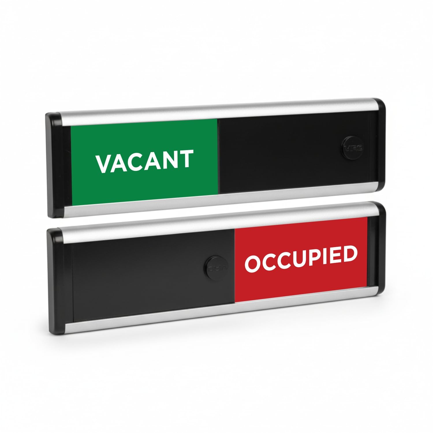 ViroDisplay® Vacant/Occupied Sliding Door Sign – Green/Red Edition – 214 x 60mm – Anodised Silver Profile with Black End Caps – Self-Adhesive Fixing