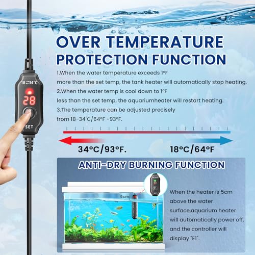 Bonlux 100W Aquarium Heater, Submersible Fish Tank Heater with Over-Temperature Protection and External Temperature Controller, 50-70Liter Turtle Tank Heater for Saltwater and Freshwater