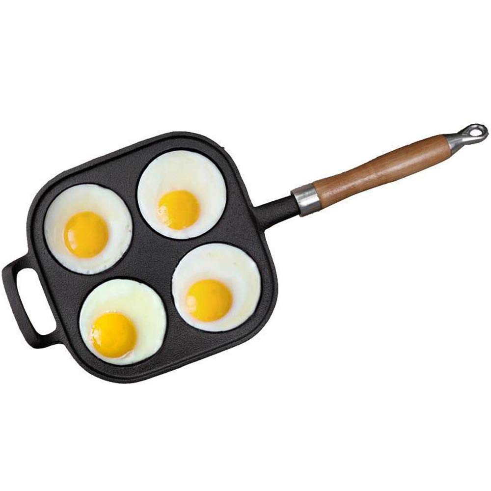 TAMUME Pre-Seasoned Cast Iron Pan Divided with 4 Deep Cups Mini Cake with Wooden Handle and a Helper Handle for Egg Poacher and Omelette (4-in-1)