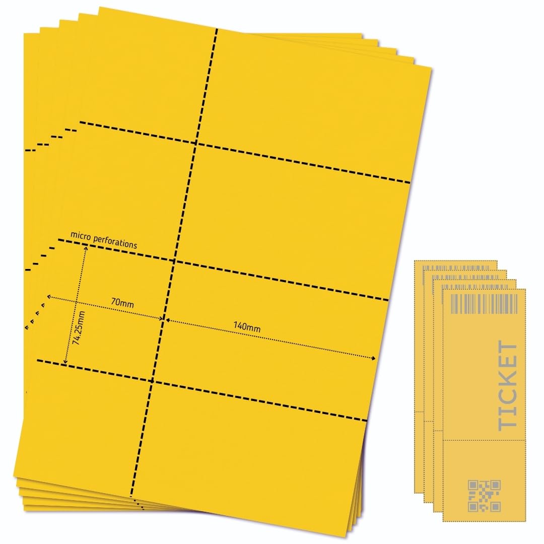 OfficeGear Yellow Event Tickets with Stub 4-up [55 Sheets - 220 Pack] 74x210mm Printable White A4 160gsm Micro-Perforated Card for Event Tickets, Raffle, Concert, Admission Incl Design Template