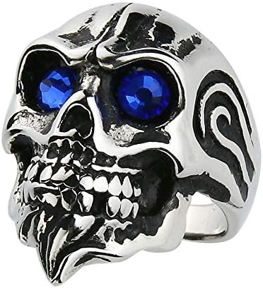 Valily Men's Skull Beard Ring Gold/Stainless Steel Gothic Punk Skull Band Ring with Red/Blue Eyes,Party Size 7-13