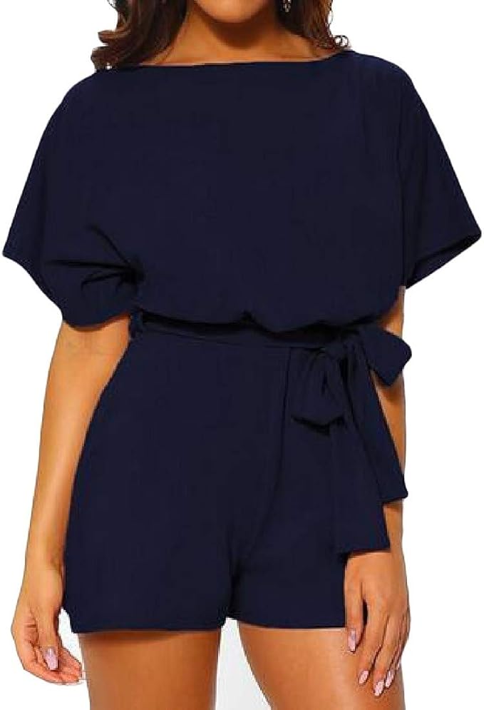 Sweetmini DamenJumpsuits mit Gürtel, kurz, einfarbig, Kurze Ärmel
