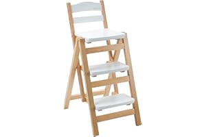 QQXX Folding Bar Stool Multifunctional 3 Step Ladder,Solid Wood Ladder Stool Counter Height Tall Stool,Portable Foldable Stool Step Stool for Adults Kitchen Outdoor(21.5” X 15.7” X 34.6”, White)