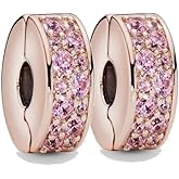 TIFVGEV 2pcs Rose Gold Plated Pink Pavé Clip Charm for Pandora Bracelets Silver Clip Charms for Bracelets Jewelry Gifts for Women