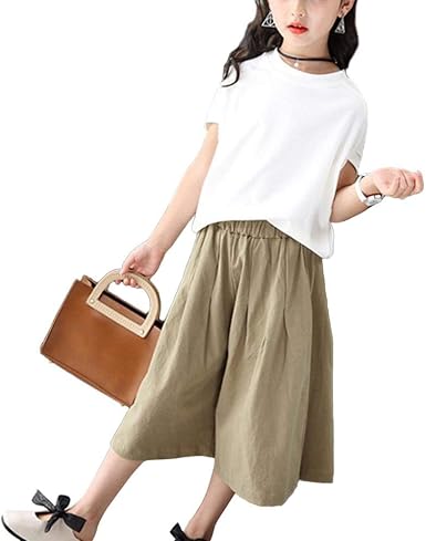 Amazon Chwet 女の子 洋服 150 キッズ服 夏服 子ども服 2点セット 上下セット 子供服 セットアップ トップス 半袖 ｔシャツ ワイドパンツ ガールズ カジュアル 洋服 Tシャツ カットソー 通販
