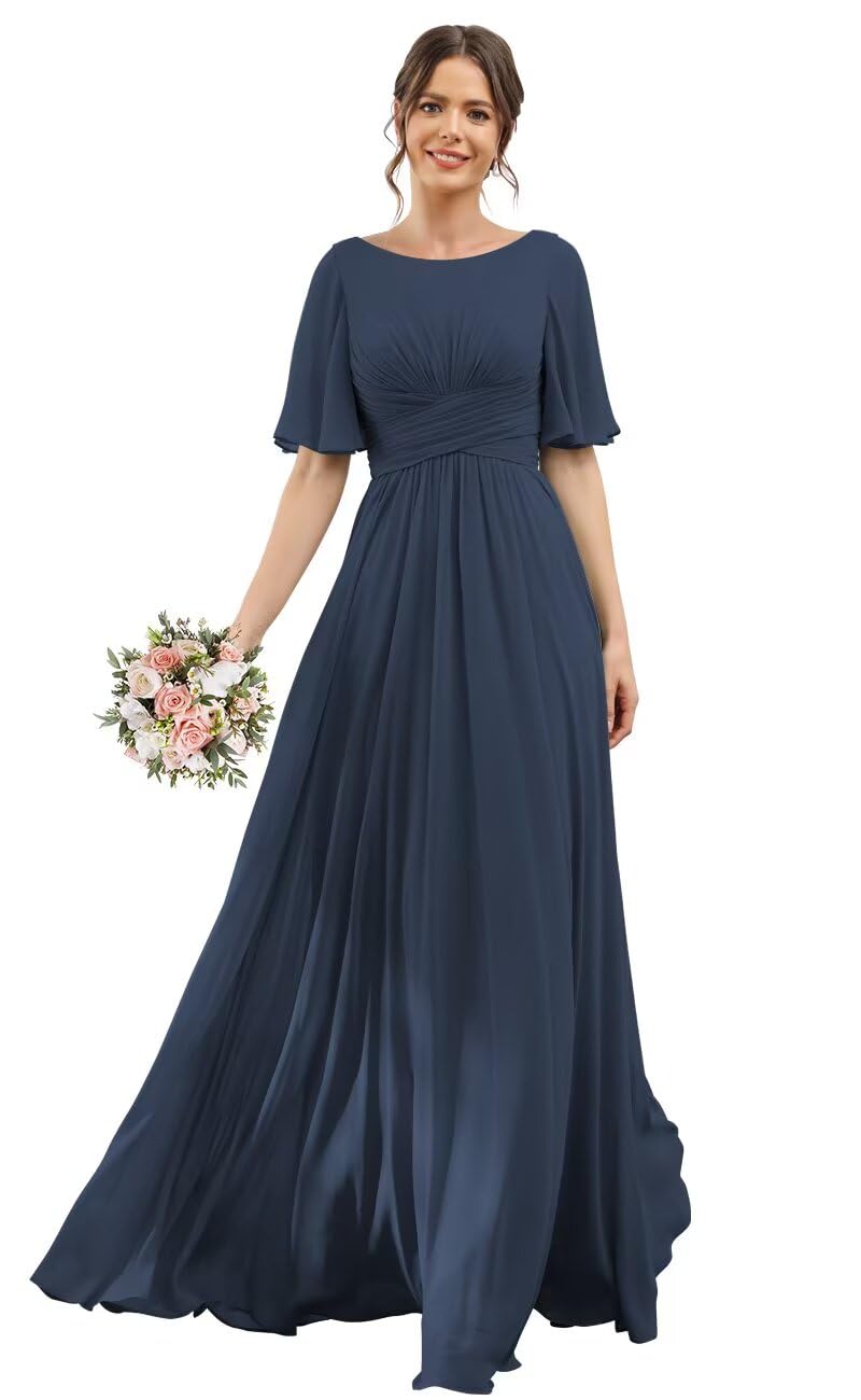 Photo 1 of YOFF Flutter Sleeves Bridesmaid Dresses with Slit Navy Blue Scoop Neck A-Line Chiffon Empire Waist Long Formal Dresses with Pockets for Women US8