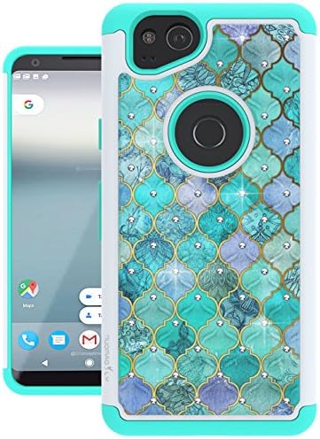 Google Pixel 2 Case, Nuomaofly [Creative] Studded Rhinestone Crystal Bling Hybrid Armor Defender Protective Case Cover for Google Pixel 2 (Green Lines)