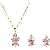 Crystal Sea Turtle Stud Earrings Tortoise Pendant Necklace Jewelry Set for Women Stainless Steel Dainty Pink CZ Birthstone Adjustable Charm Chain Holiday Jewelry Gifts
