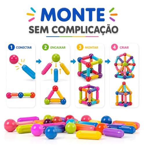 Blocos de Montar Magnéticos 64 Peças Construção 2D 3D Brinquedo Educativo Infantil Criatividade STEM Ímã Resistente Caixa