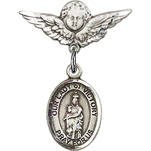 Sterling Silver Baby Badge with Our Lady of Victory Charm and Angel w/Wings Badge Pin 7/8 X 3/4 inches
