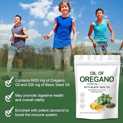Oil of Oregano Softgels 6000mg Per Serving, 2 in 1 Formulated with Black Seed Oil 200mg, 4X Strength Carvacrol & Thymoquinone | Plant Based, Non-GMO & Immune Support (180 Count/1 Bag)