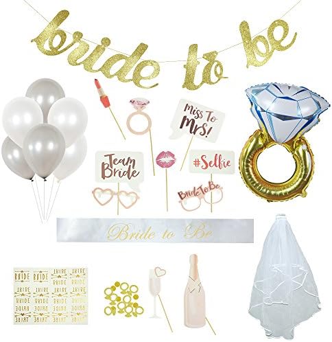 BACHELORETTE PARTY SUPPLIES KIT | ENGAGEMENT/BRIDAL SHOWER/BACHELORETTE PARTY SET AND DECORATIONS | Banner, Foil Ring Balloon, Sash, Tattoos, Veil, Photo Booth Props, Balloons, Ring Confetti | Wedding