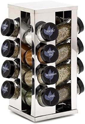 Kitchen Square 16 Jar Stainless Steel and Glass Heritage Silver Color Spice Rack Vertical Stand with Sifter Caps