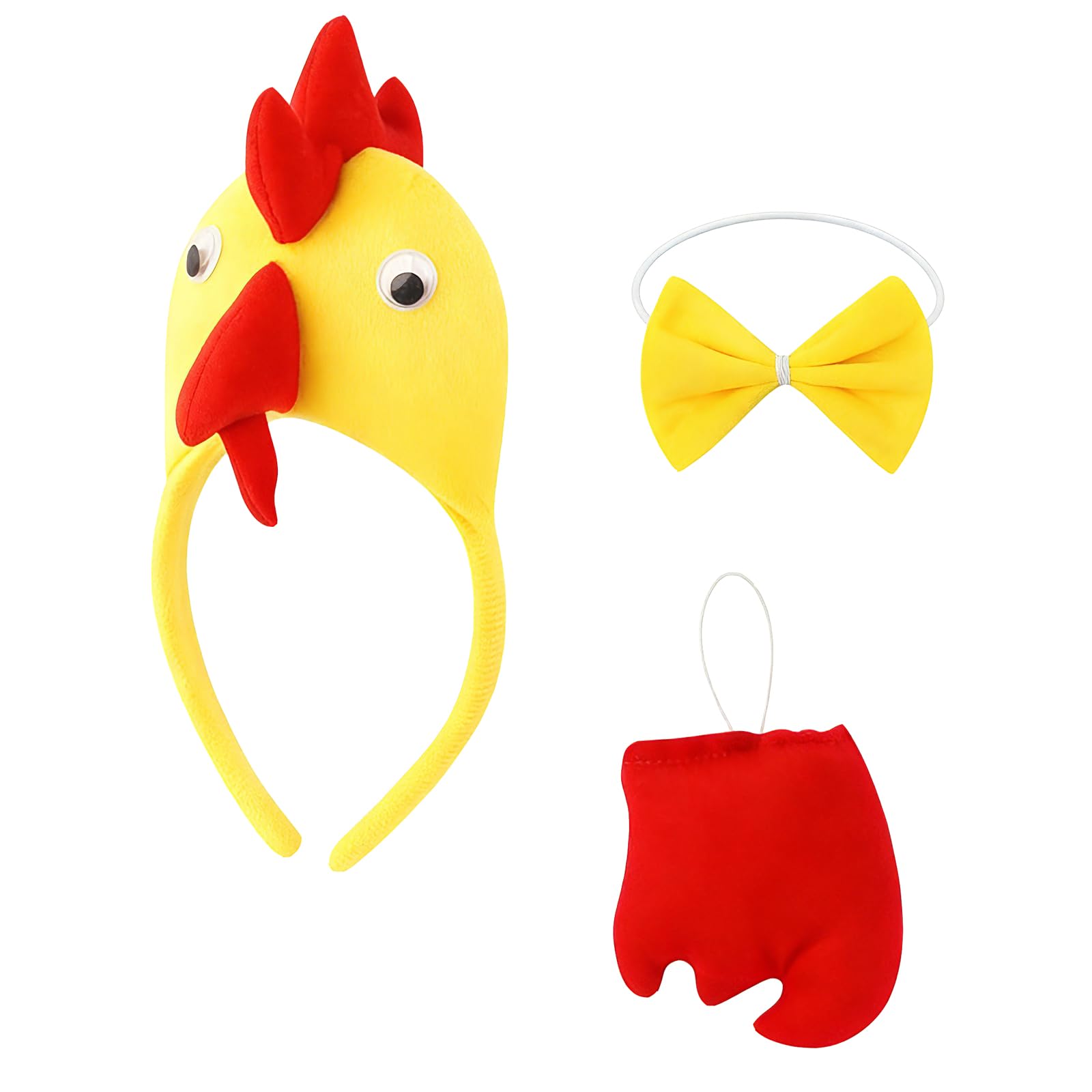 QiiWuic 3Pcs Chicken Costume, Yellow Chicken Hat,Bow Tie and Tail, Animal Rooster Accessories for Easter Halloween Carnival Cosplay Party, Farm Theme Parties and School Performances