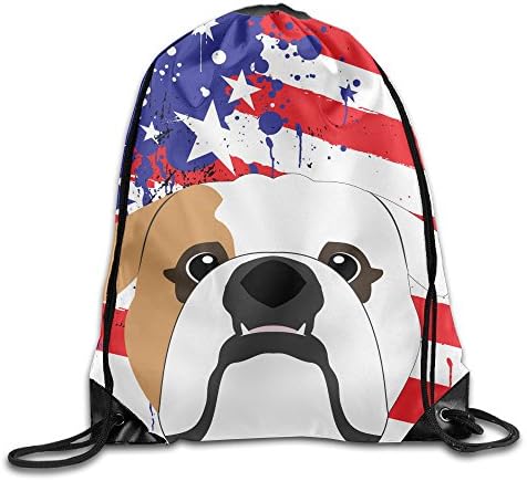 Bulldog Us Flag Print Shoulder Drawstring Backpack String Bags Outdoor Travel Handbag 17"x14"