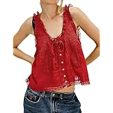 ROJZR Women Lace Tie Front Trim Tank Top Beach Sheer Ruffle Flowy Crop Y2K Button Down Boho Eyelet Summer Cami Shirts