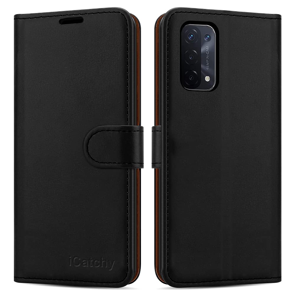 iCatchy Leather Wallet Case for Oppo A54 5G/A74 5G - Flip Folio Stand View Magnetic Closure (Black)
