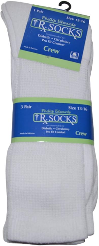 Men's Diabetic Socks XL Non-Binding Crew Length White, 13-16, 3 Pairs
