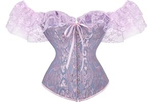 SHYMMUO Women Corset Top with Lace Sleeve Sexy Bustier Lingerie Waist Cincher Costume Tops