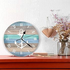 erolrail Anchor Navy Coastal Theme Home 12 Inch Silent Vintage Design Wooden Round Wall Clock Arabic Numerals Design Non… 51bqWe2XXBL