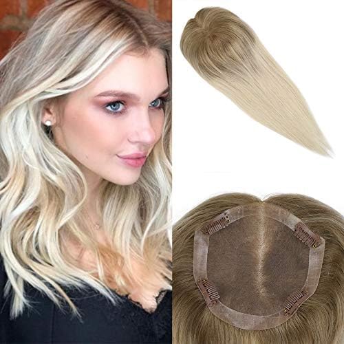 Mosoo Free Part Human Hair Clip in Toppers for Women 16 Inch Mono Top Base 5inch5inch Hairpiece for Hair Loss/Gray Hair #6 Brown Ombre to #613 Blonde Crown Human Hair Topper