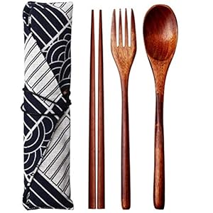 nuoshen Wooden Tableware ,3PCS Japanese Style Wooden Cutlery Set in an Oriental Style Pouch with 1 x Spoon, 1 x Fork, 1…
