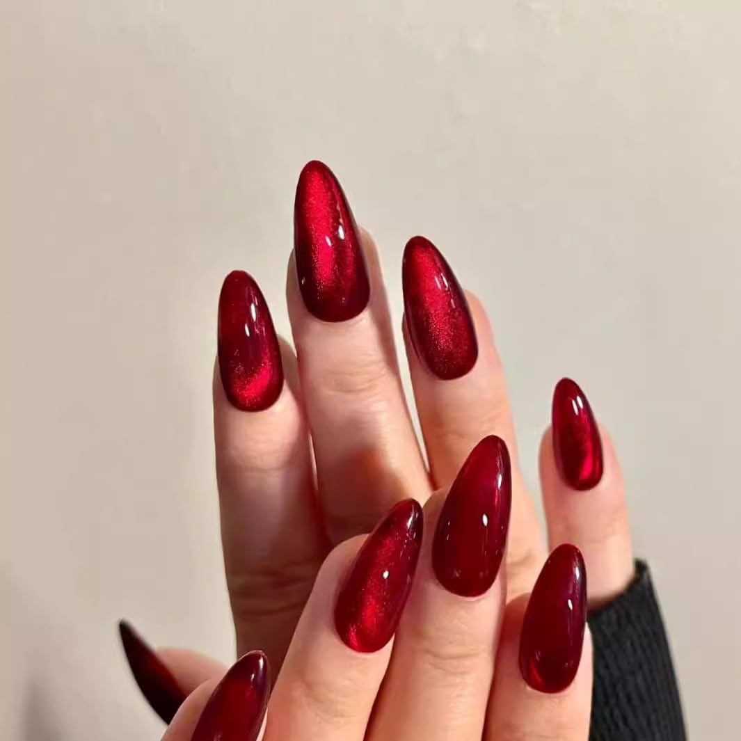 GlamRays 30 Pieces Crystal Cat Eye Press On Nails Blood Red Sets Medium Oval False Nails Nude Pink Colour Gradient Nails Press-Ons Acrylic False Nails for Women Girls