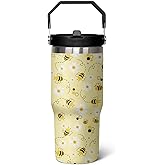 qwpmvhsak 30 oz Bee tumbler With Handle Lid and Straw,Queen Bee Flip Straw Coffee Mug Cup Tumbler Water Bottles,Honey Bee themed Gifts for Women Daisy Flowers,Bee Decor