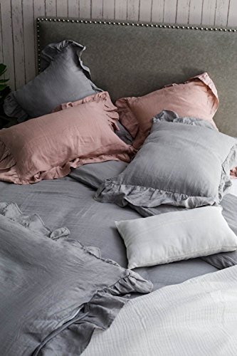 meadow park Stone Washed French Linen Duvet Cover Set 3 Pieces - Super Soft, King Size - 104 inches x 94 inches - Shams 20 inches x 36 inches, Ruffled Style - Button Closure - Corner Ties, Grey Color