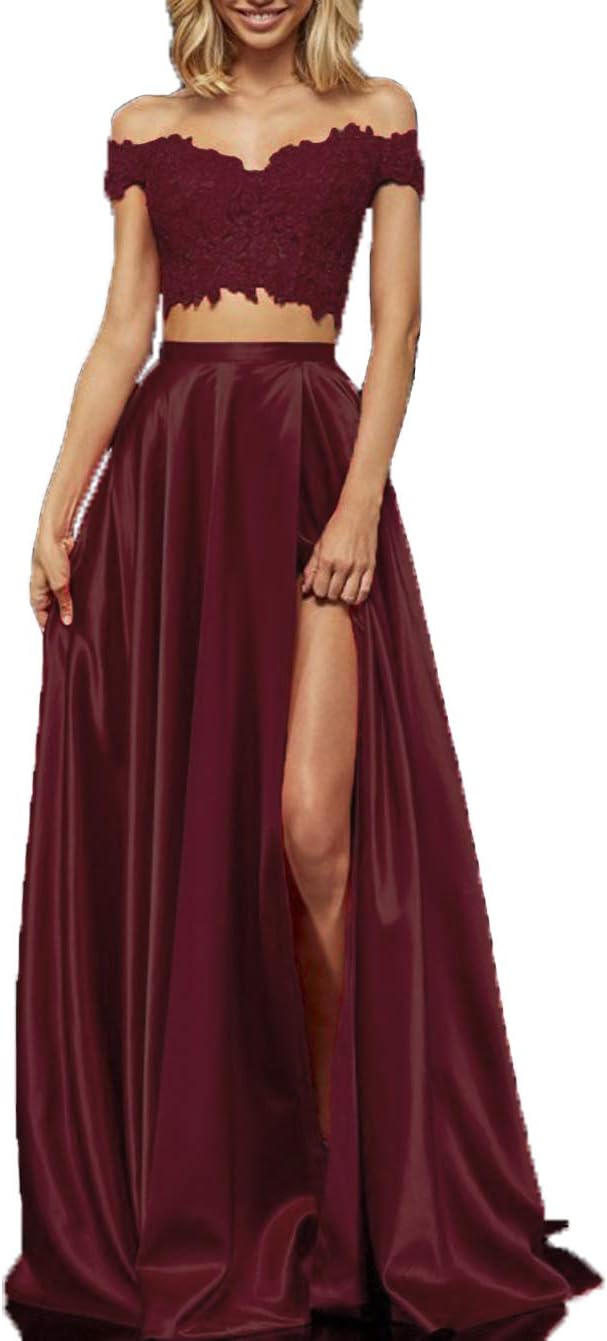 Lover Kiss Women's Long Lace Satin Prom Dress With Slit Off Dress Evening Gown