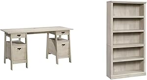 Sauder Trestle Executive Trestle Desk, Chalked Chestnut Finish & Select Collection 5-Shelf Bookcase, Chalked Chestnut Finish