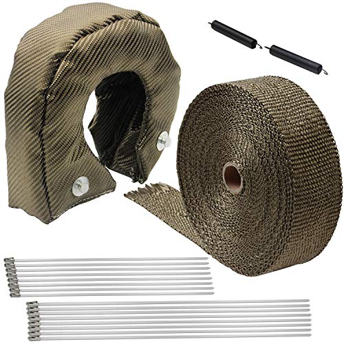LEDAUT Turbo Blanket T3 Lava cover for Turbocharger and 2" x 50' Titanium Exhaust Heat Wrap Roll for Motorcycle Fiberglass Tape with Stainless Ties and Thermal Heat Shield Cover with Fastener Springs