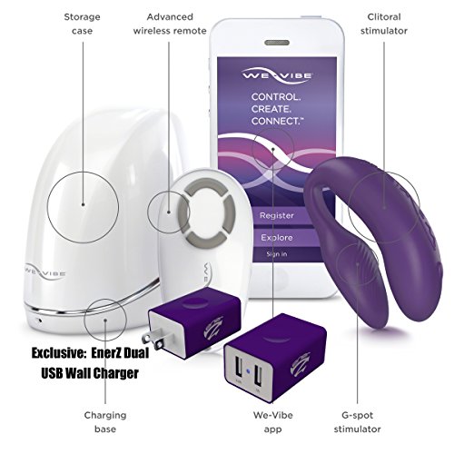 We-Vibe 4 PLUS USB Couples Vibrator Purple + Exclusive EnerZ Dual USB matching color wall charger 2.4-Amp + 1-Amp (17 Watt) with USA Plug Designed For Apple iPhone 5 5S and 5C iPad Mini Ipad And Android Galaxy Note 2 3 Tablet Devices - Clitoral, G Spot and Overall Stimulation for Both of You Women Couples Download The Phone App! (Purple)