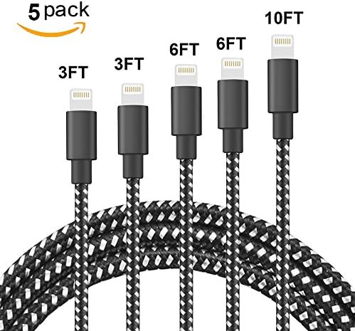 For iPhone Cable, Caryan 5Pack 3FT 6FT 10FT Nylon Braided 8 Pin iPhone Lightning Cable to USB Charger Compatible For iPhone X,iPhone 8/10/8 Plus/7/7 Plus/6s/6s Plus/6/6 Plus/iPad (Black white)
