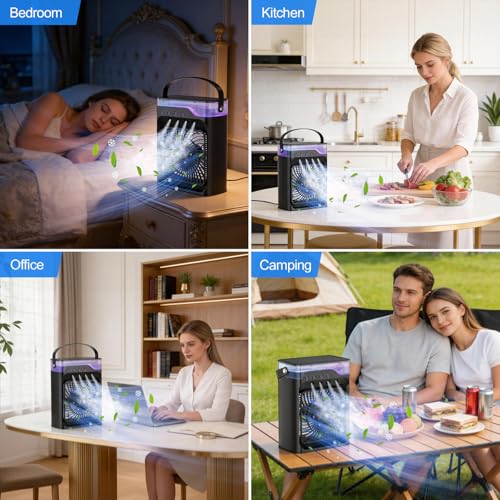Portable air Conditioners, Personal Cooling Fan with 120° Oscillation, 3 Wind Speed & 4 Sprays, 2/4/6/8H Timer, Multi-Color Light, 3 in 1 Desktop Mini AC Unit for Car, Bedroom and Camping(Black)