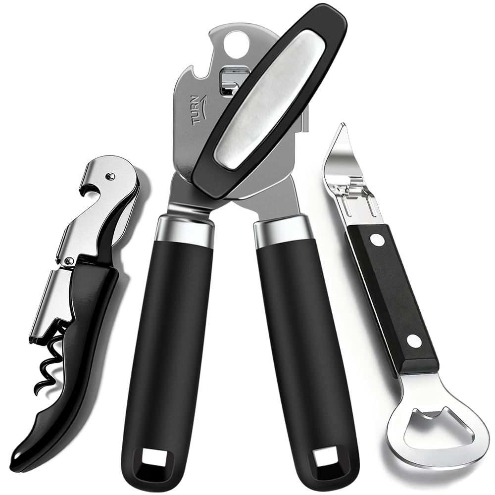 View 1 of **MISSING CAN OPENER** 3PCS Can Opener Manual & Bottle Opener & Wine Opener, Smooth Edge Can Openers with Strong Magnet, Heavy Duty Stainless Steel Abrelatas Handheld Waiter Corkscrew - Premium Kitchen Supplies (Black)