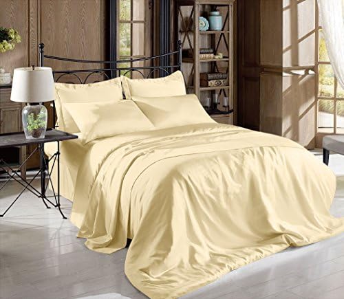 Hight Thread Count Solid Color Soft Silky Charmeuse Satin Luxury and Super Soft Bed Sheet Set (Beige, King)