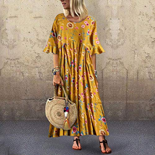 DONTAL Women Vintage Leisure Trumpet Sleeve O-Neck Broken Flower Print Long Dress Yellow