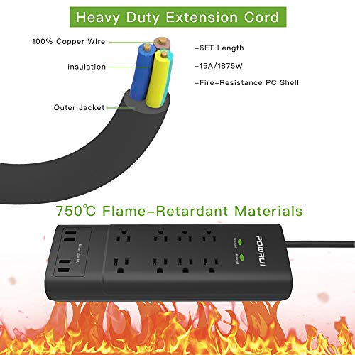 POWRUI 8-Outlet Surge Protector Power Strip with 4 USB Charging Ports and 6-Foot Heavy Duty Extension Cord, 2100 Joules