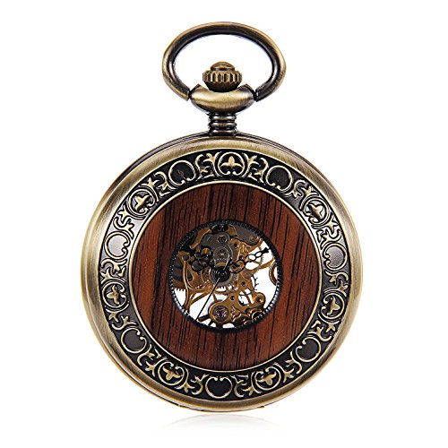 Carrie Hughes Vintage Copper Wood Steampunk Mechanical skeleton Pocket watch with chain Gift Box (Bronze wood black dial)