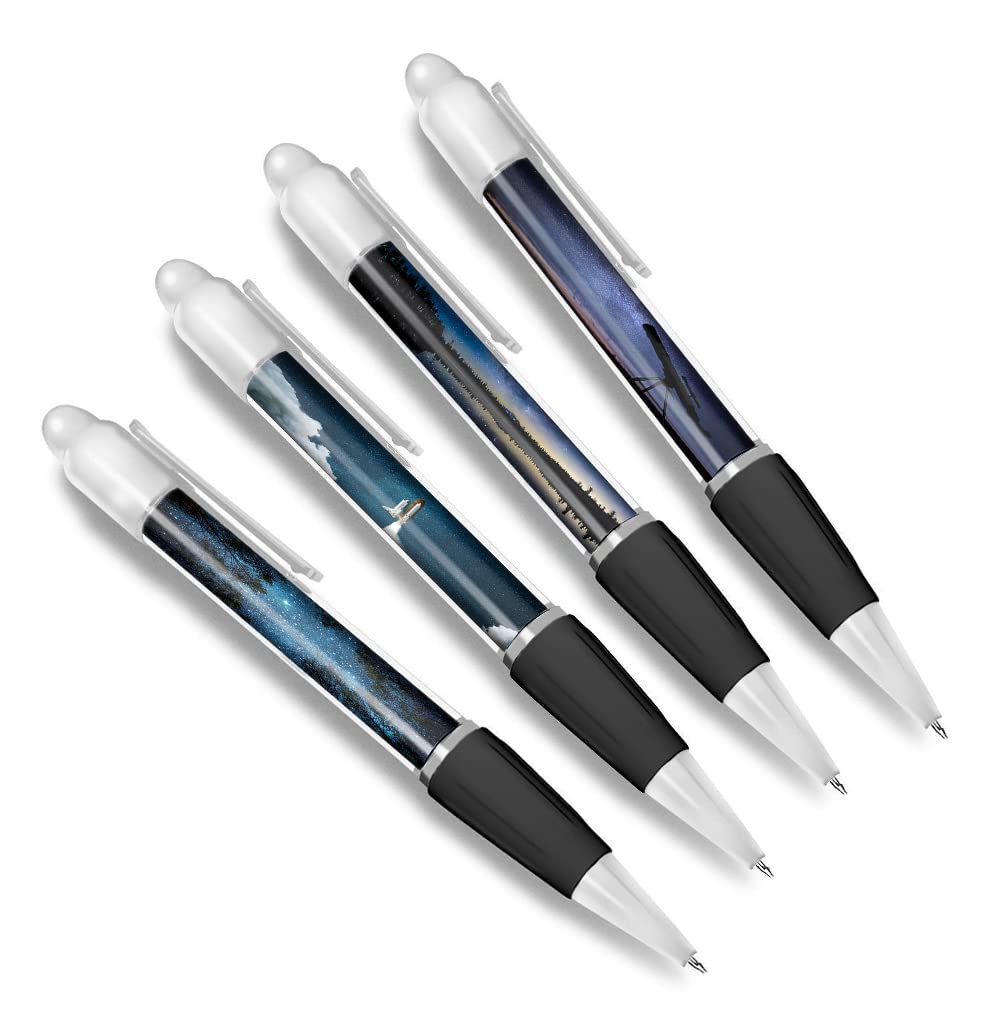 DV DESIGN Set of 4 Space White Ballpoint Pens - Universe Nebula Stars Telescope Rocket Night Sky Astronomy Boys Girls Men Women Theme Pen #79396