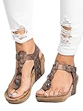Pxmoda Women's Boho Braided Wedge Sandals Casual T-Strap Wedge Heel Sandal Shoes (US 8, Brown)