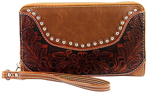 Montana West Tooled Leather Clutch Wallet with Wristlet Strap CC Organizer