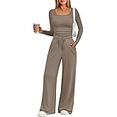 Trendy Queen 2 Piece Scoop Neck Lounge Set Womens Wide Leg Pants Side Ruching Slightly Crop Top Sweatsuit Sets With Pockets