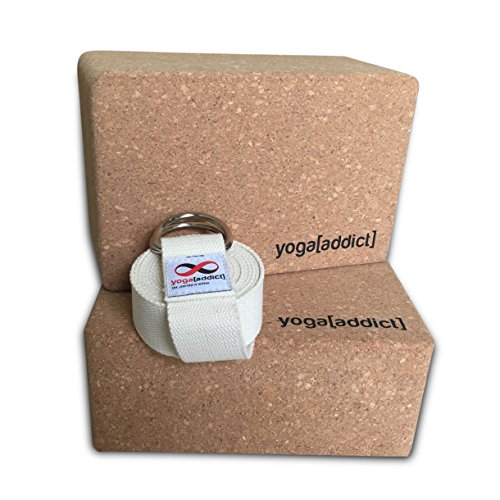 image for YogaAddict Cork Yoga Blocks 2 Pack and Yoga Strap Set with Box, Set, Y